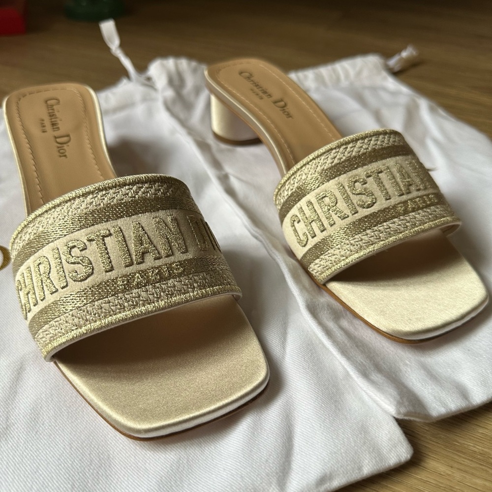 Dior Dway Heeled Slide Gold-Toned Metallic Thread Embroidered Satin Size:38